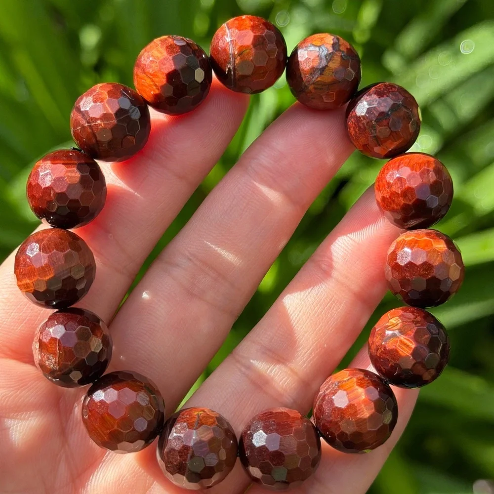 14mm stretchable faceted sparkling red tiger eye‎ bracelet 0584